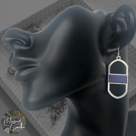 Matte Silver and Blue Oval Bar Drop Earrings - Picture 1 of 5
